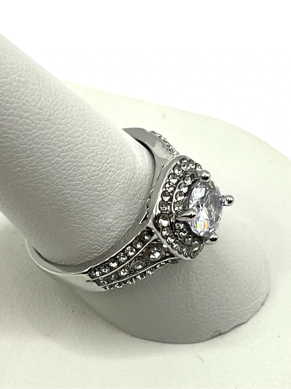 Halo Ring Engagement Ring Silver Rhodium Plated Sparkling Stones Prong Set